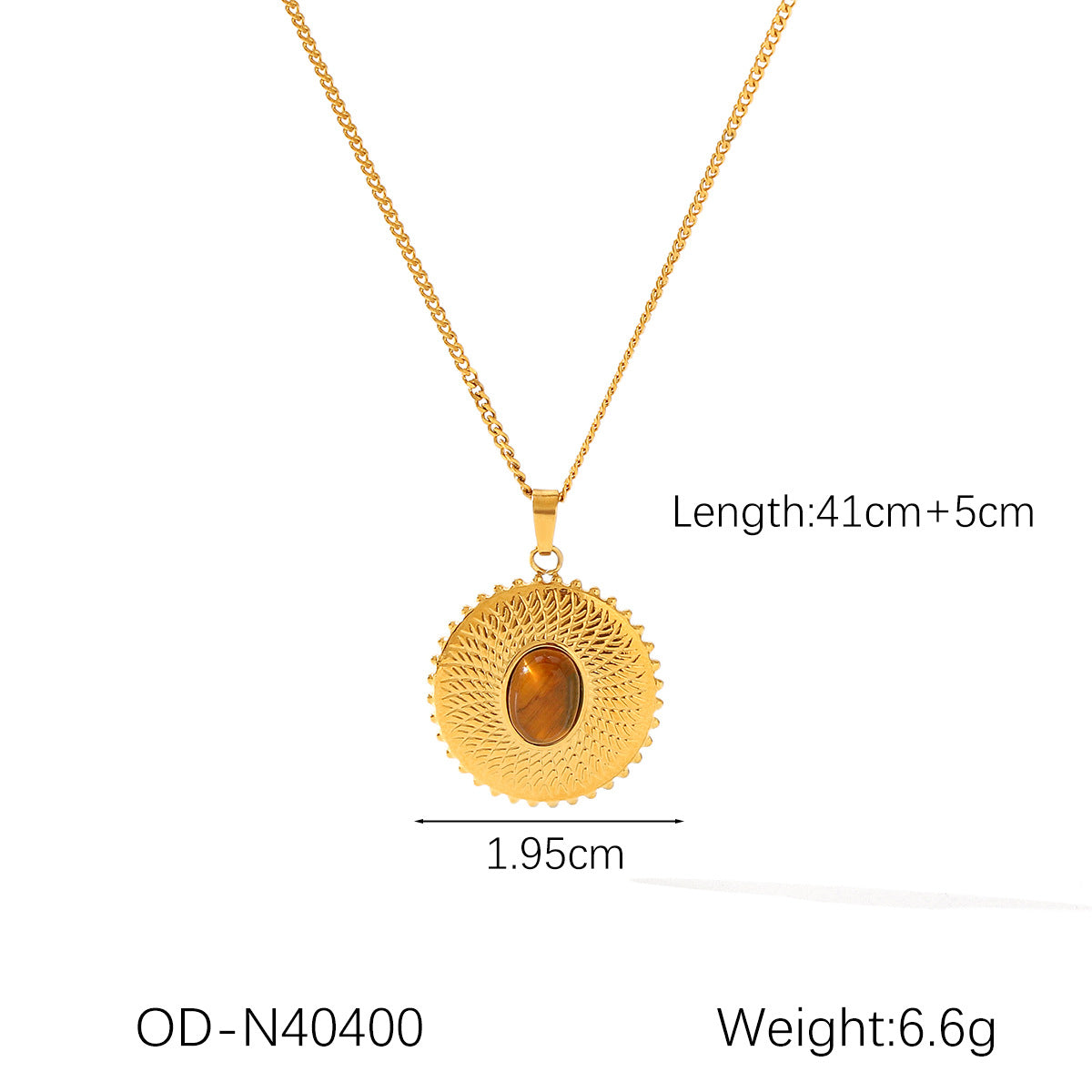 Wholesale  inlaid tiger's eye stone sunflower titanium steel pendant gold non-fading necklace