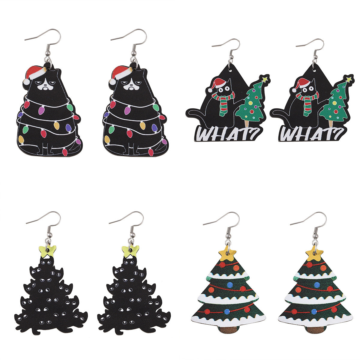 Wholesale Christmas Lantern Black Cat Christmas Tree Pendant Earrings Wooden