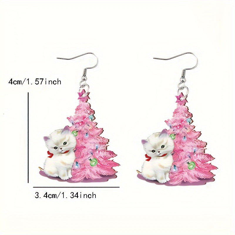 Wholesale Christmas Earrings Cute Wooden Christmas Tree Cat Earrings