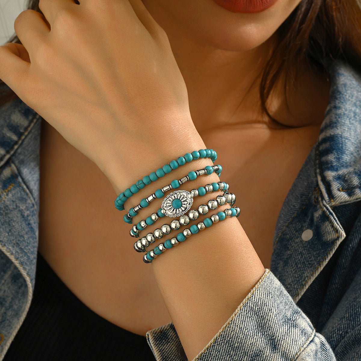 Wholesale 2PCS Western-style turquoise cactus bull' s head bracelet