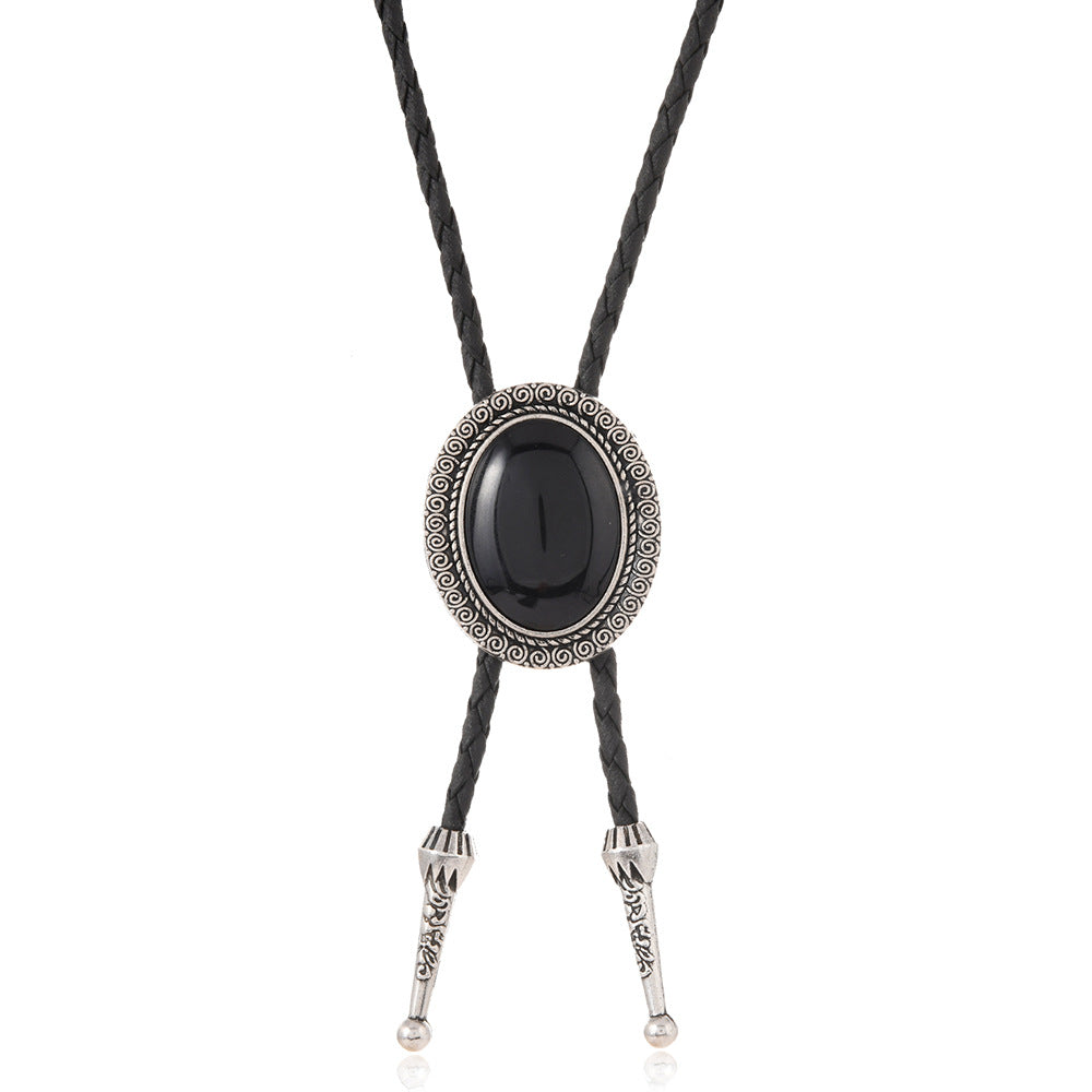 Wholesale Trendy Black Leather Bolo Tie Necklace Agate Gemstone Pendant Fashion Accessory