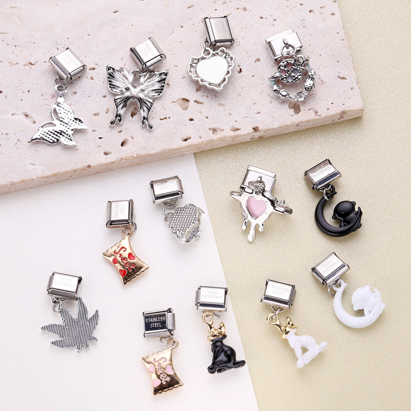 Wholesale 10pcs Love Butterfly Cat Pendant Italian Module DIY Stainless Steel Bracelet Accessories