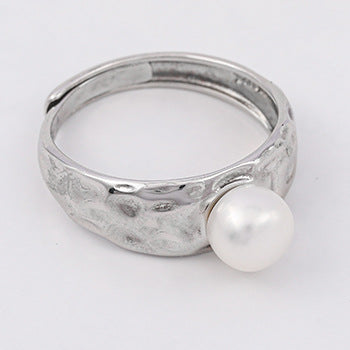 Wholesale  texture irregular concave surface S925 silver freshwater pearl ring