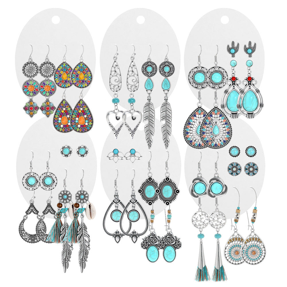 Wholesale Turquoise Tassel Earrings Set - Bohemian Ethnic Style