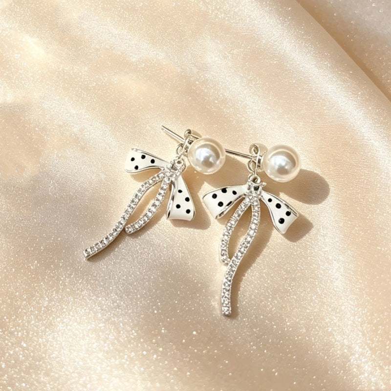 Wholesale Retro Polka Dot Bow Pearl Earrings Women S Chic Party Wear Jewelry Accessory