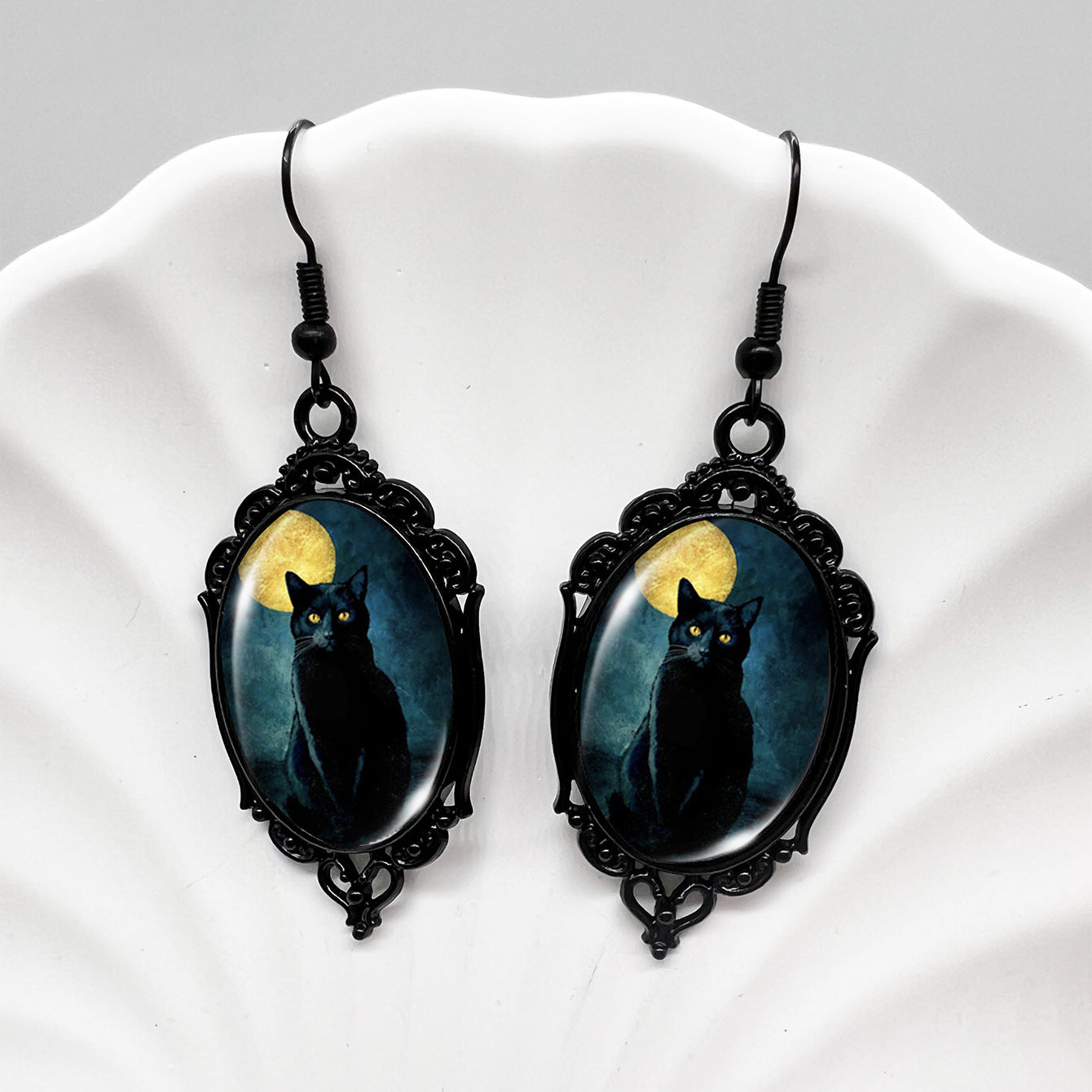 Wholesale Halloween Crow Skull Oval Lace Witch Pumpkin Black Cat Moon Metal Earrings ACCVIP-ES-XiangLian006