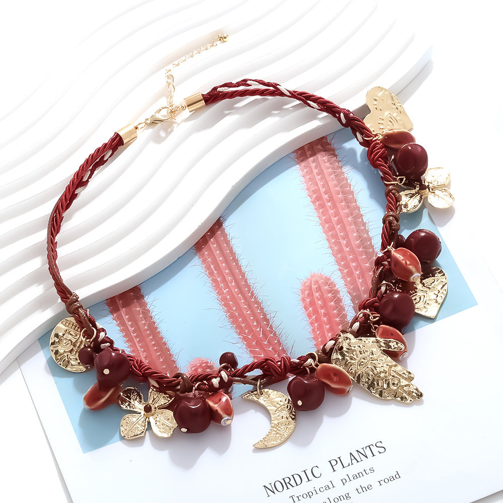 Wholesale Light Luxury Handmade Knot Three-strand Rope Alloy Palm Moon Love Pendant Necklace