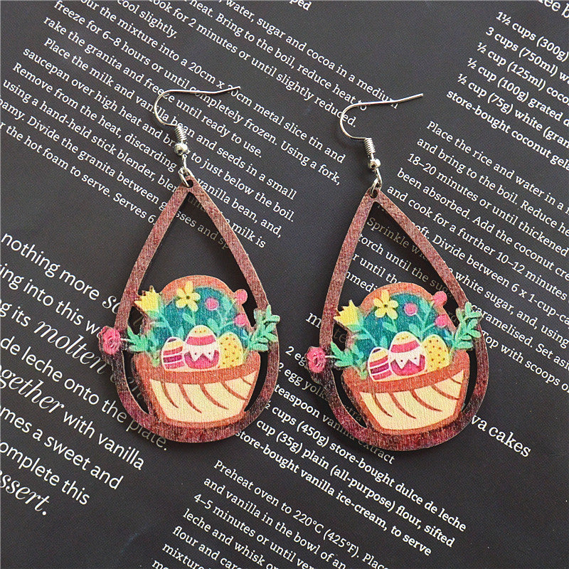 Wholesale Easter Painted Leopard Print Water Drop Hollow Wooden Earrings