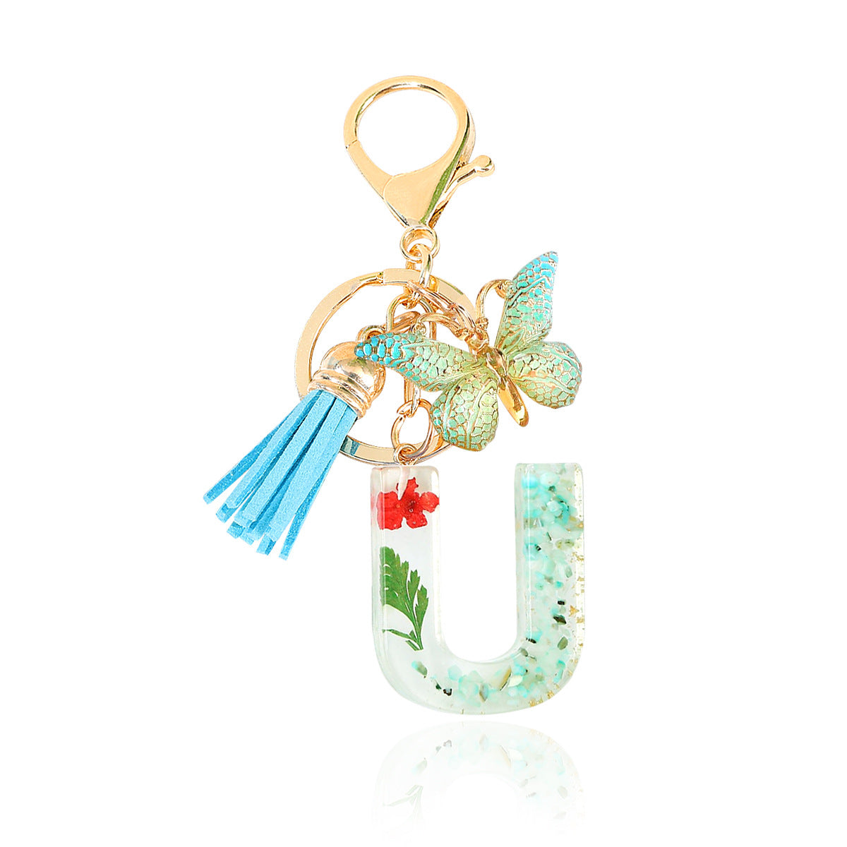 Wholesale Epoxy Green English Letter Dried Flower Crystal Keychain