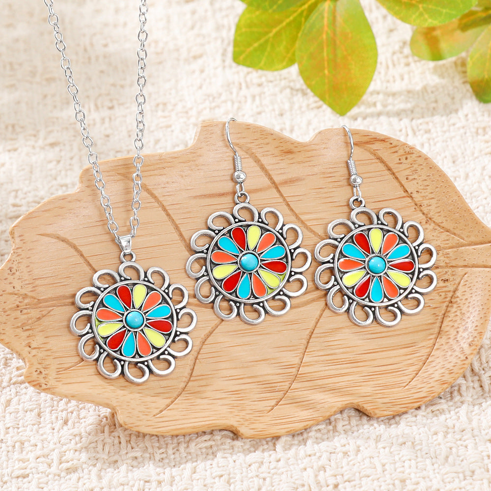 Wholesale Bohemian Retro Turquoise Necklace and Earrings Set - Ethnic Fashion Accessory Gift