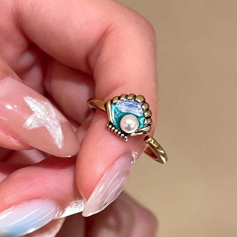 Wholesale Ocean Party Retro Starfish Shell Pearl Enamel Women S Adjustable Stacking Ring Jewelry Accessory