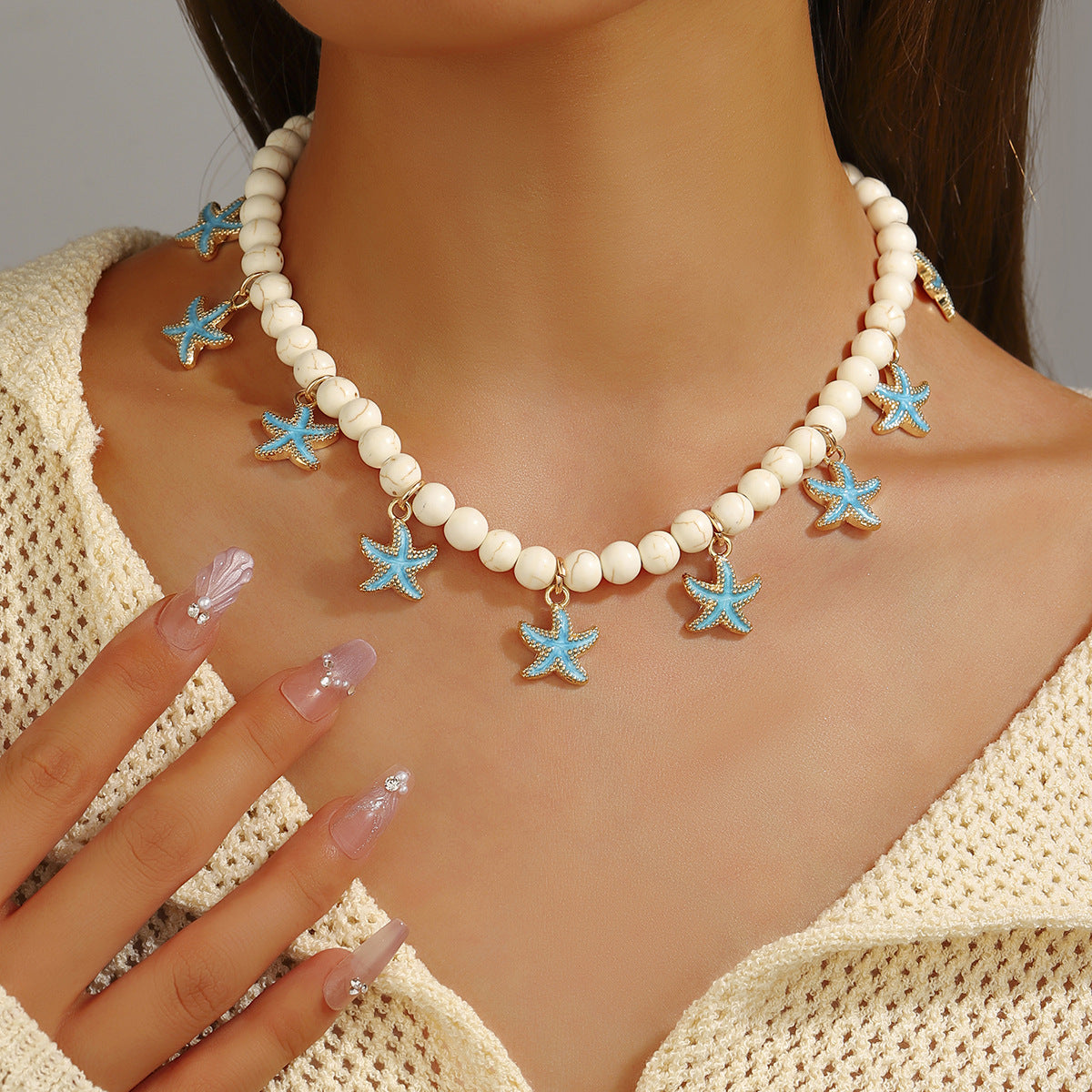 Wholesale Alloy Starfish Pendant Turquoise Magnetic Necklace Beach Style Collarbone Jewelry For Women