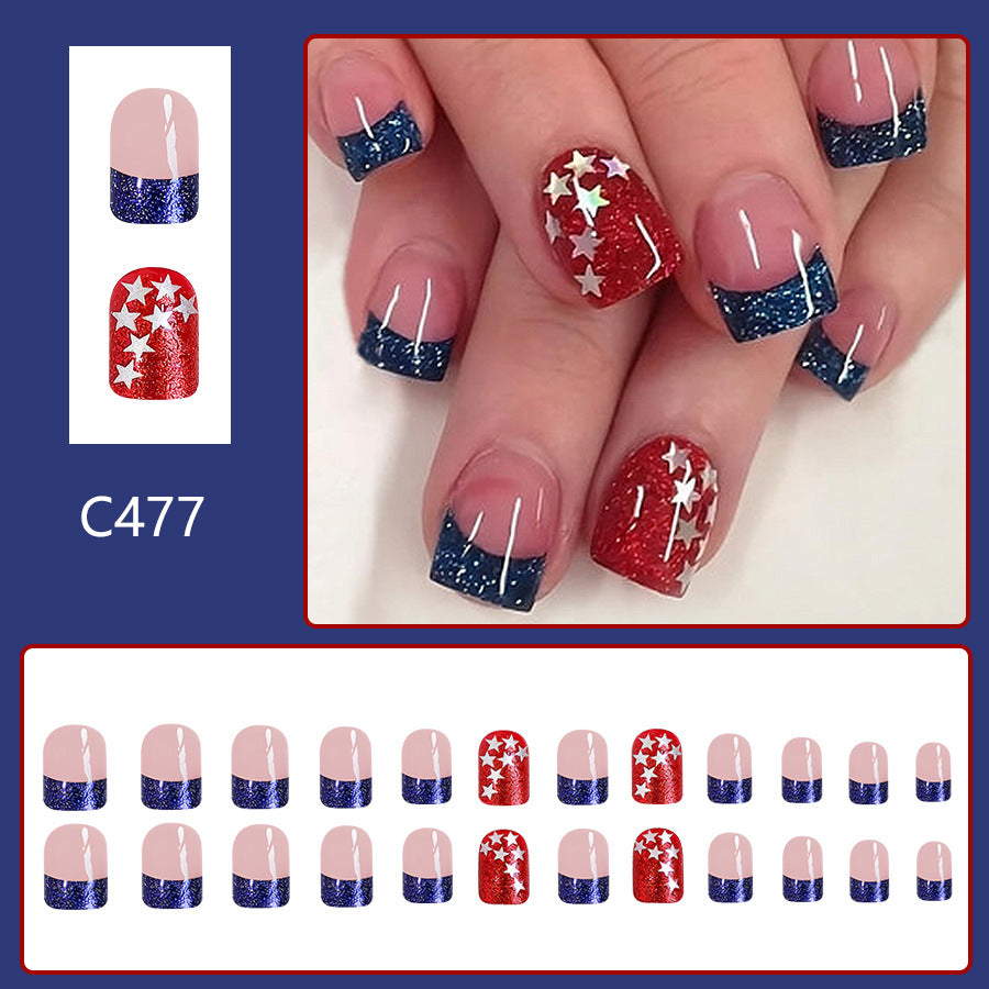 Wholesale 24 Pieces/box American Independence Day Short Glossy Five-pointed Star Manicure Press-on Nails Kits Nail Stickers ACC-NS-GuaiXL042