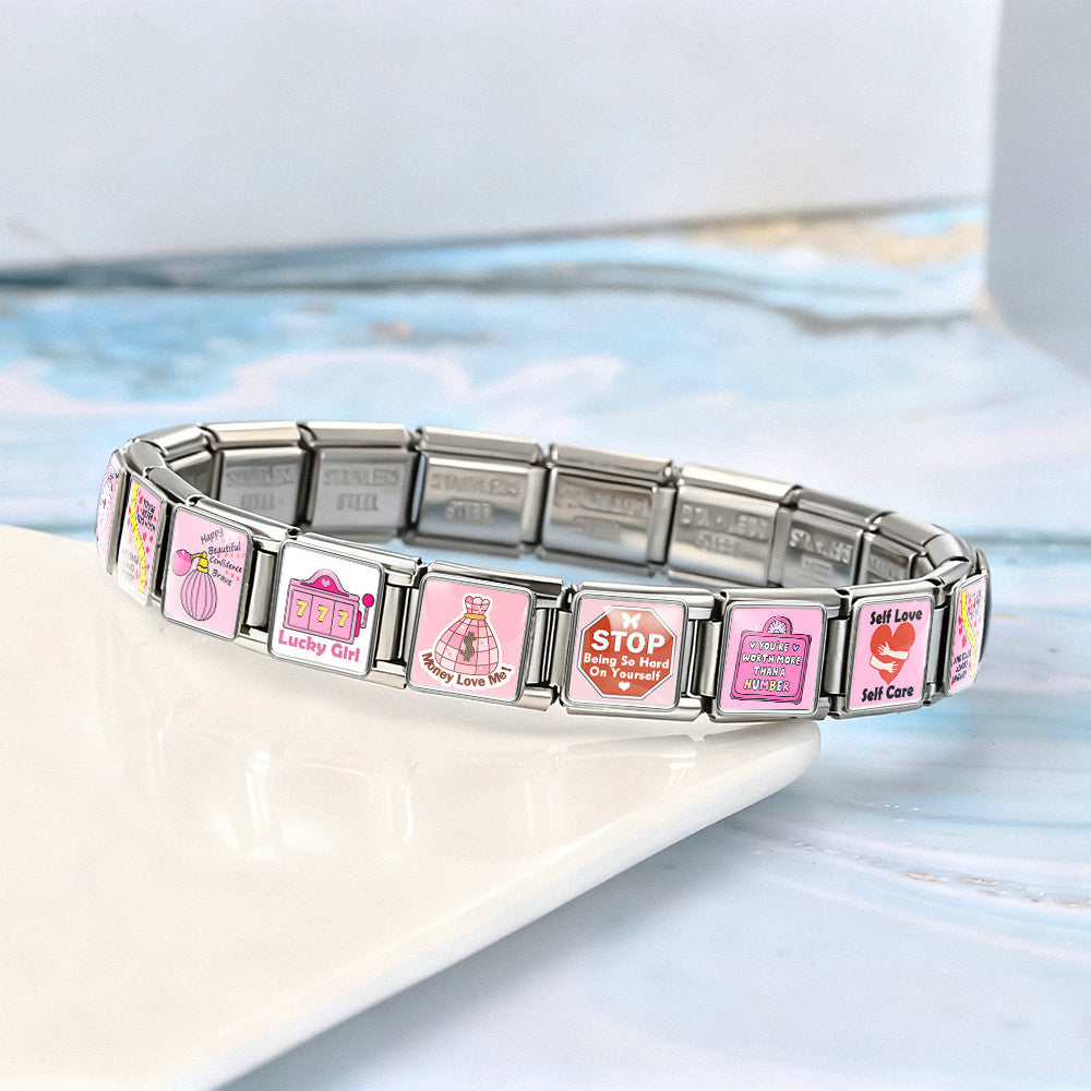 Wholesale Stainless Steel Square Pink Pattern DIY Patchwork Bracelet Fashion Jewelry Gift
