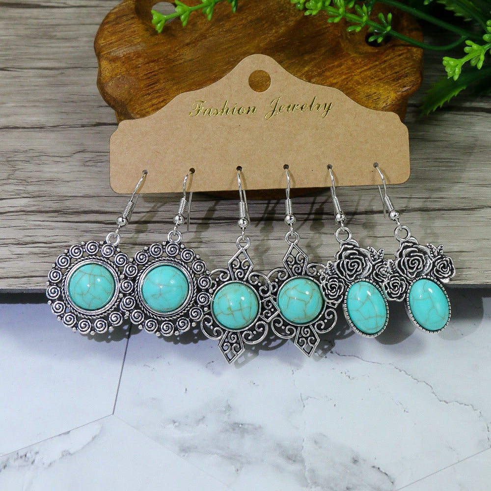 Wholesale Bohemian turquoise water drop flowers geometric earrings set