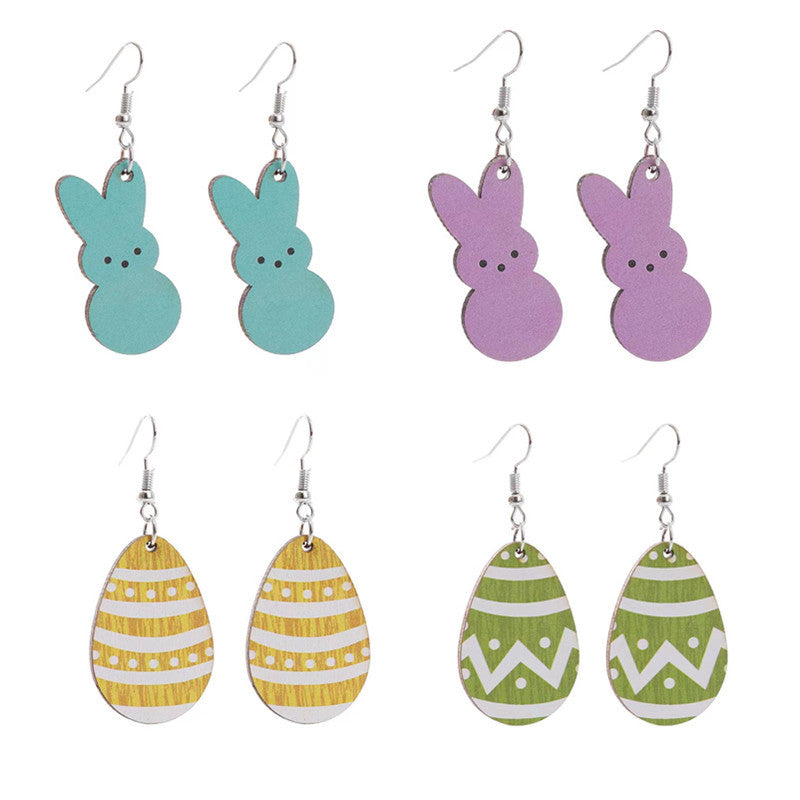 Wholesale Easter Earrings Rabbit Flower Basket Print Wooden Earrings