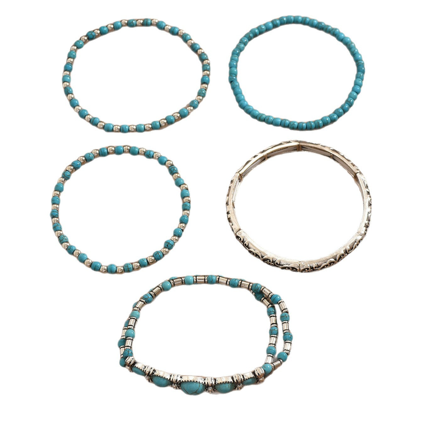 Wholesale Retro Cowboy Turquoise Bracelet Set Women S Handmade Engraved Metal Jewelry 5 Piece Gift Everyday Wear