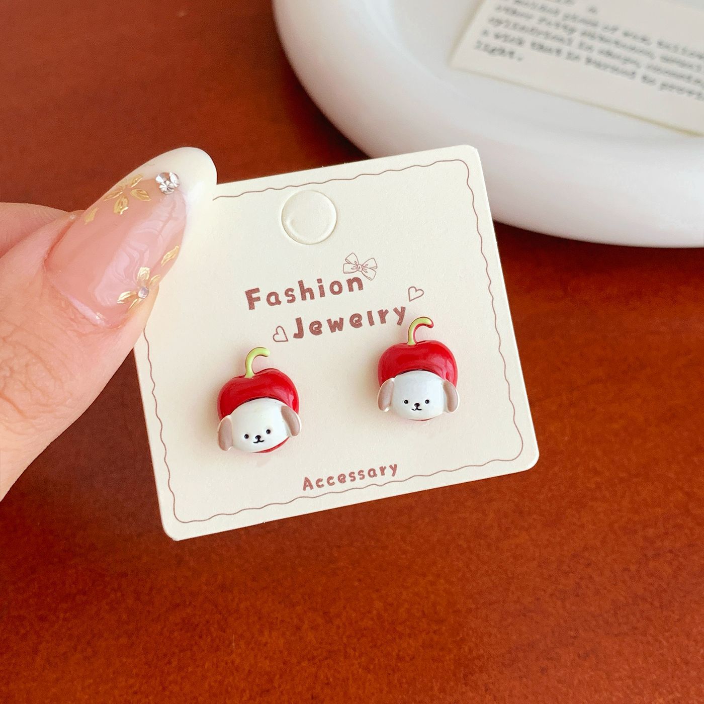 Wholesale Cartoon oil dripping red apple puppy cat earrings silver needle Earrings