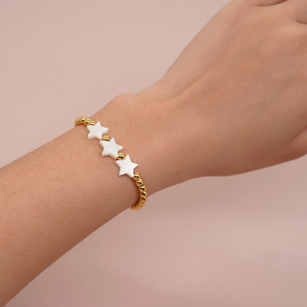 Wholesale  Vacation Style 18K Gold-plated Copper Bead Shell Five-pointed Star Handmade Beaded Wearing Women's Bracelet