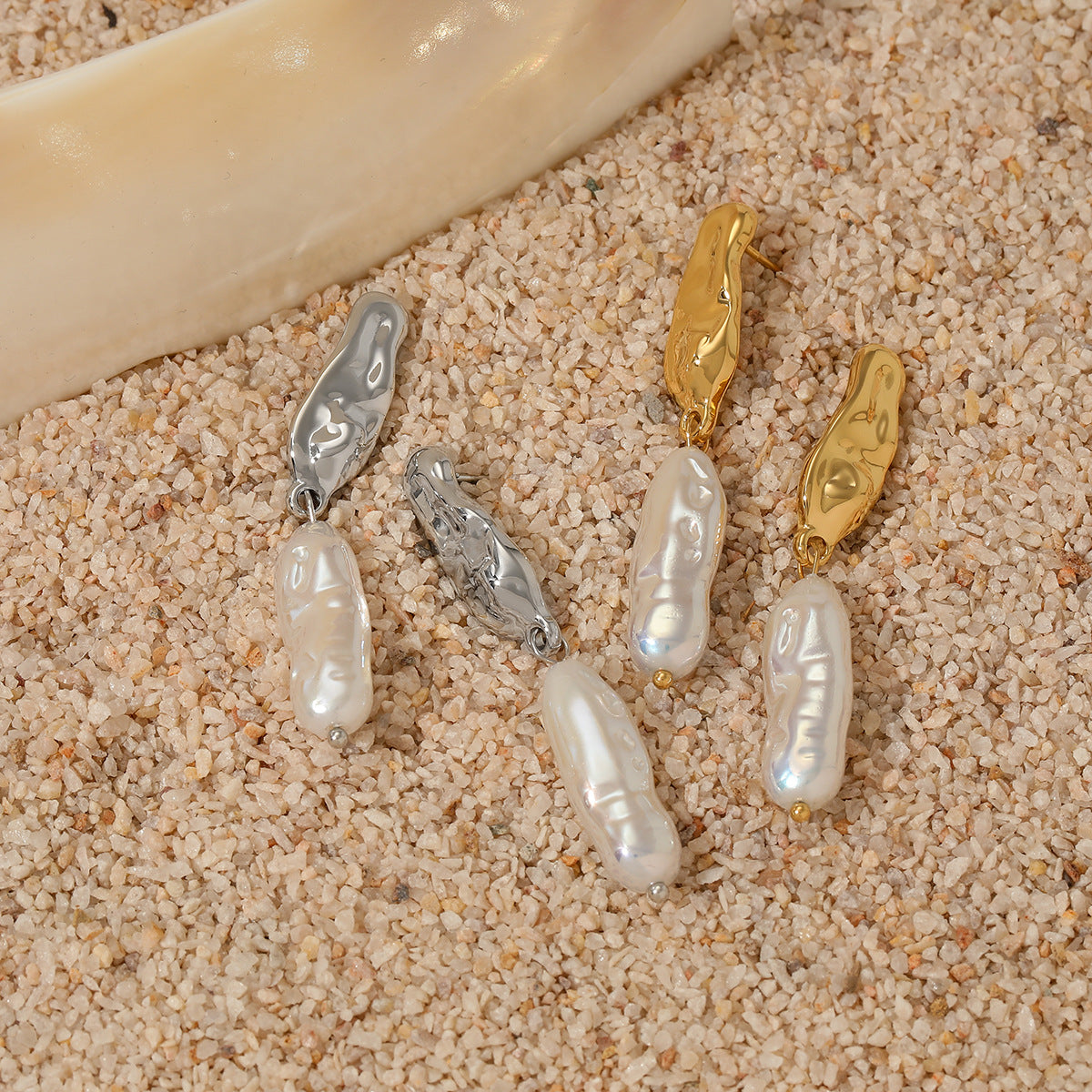 Wholesale Stainless steel Long Baroque Alien  Pearl Pendant Earrings