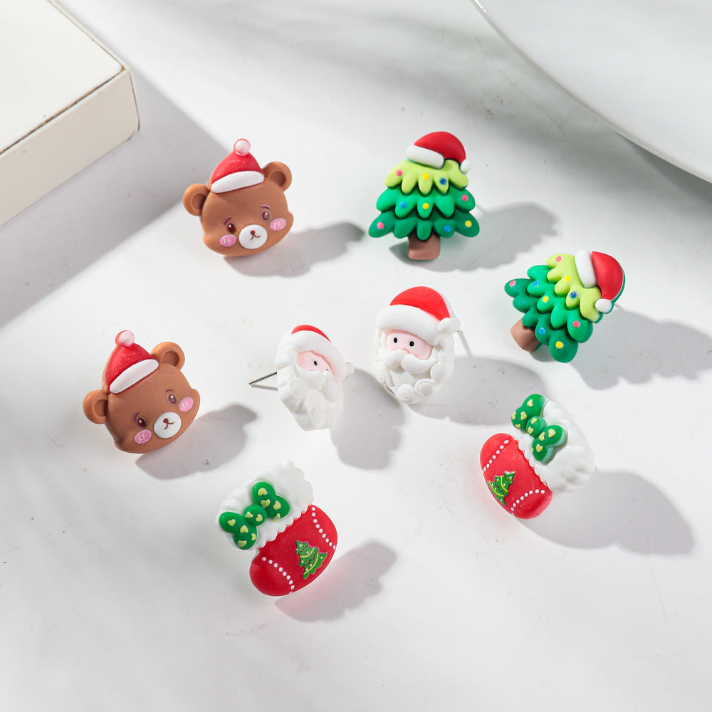 Wholesale Plastic Resin Cartoon Bear Christmas Tree Earrings Sweet Girl Fashion Accessory