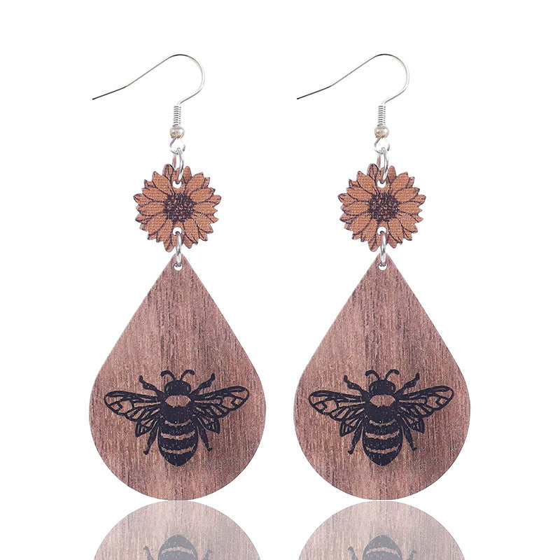 Wholesale Sunflower Bee Pattern Wood Drop Earrings