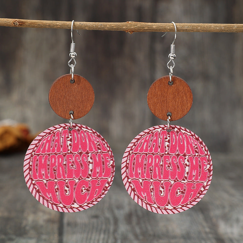 Wholesale Western-Style Round Pink Leather Earrings with Letters