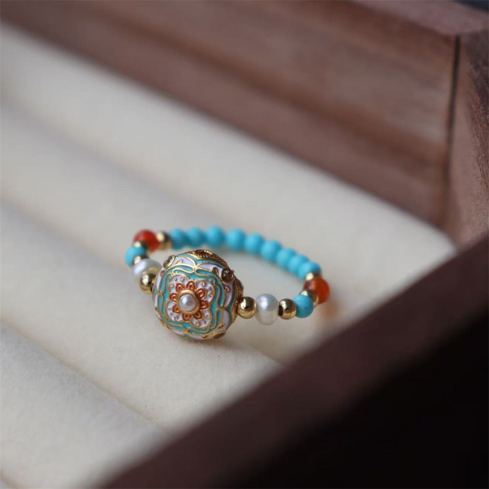 Wholesale Vintage Contrast Turquoise Agate Pearl Stretch Ring