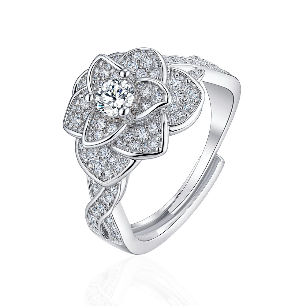 Wholesale Chic Camellia Design Women S Ring Silver Tone Copper Zircon Everyday Wear Jewelry Gift