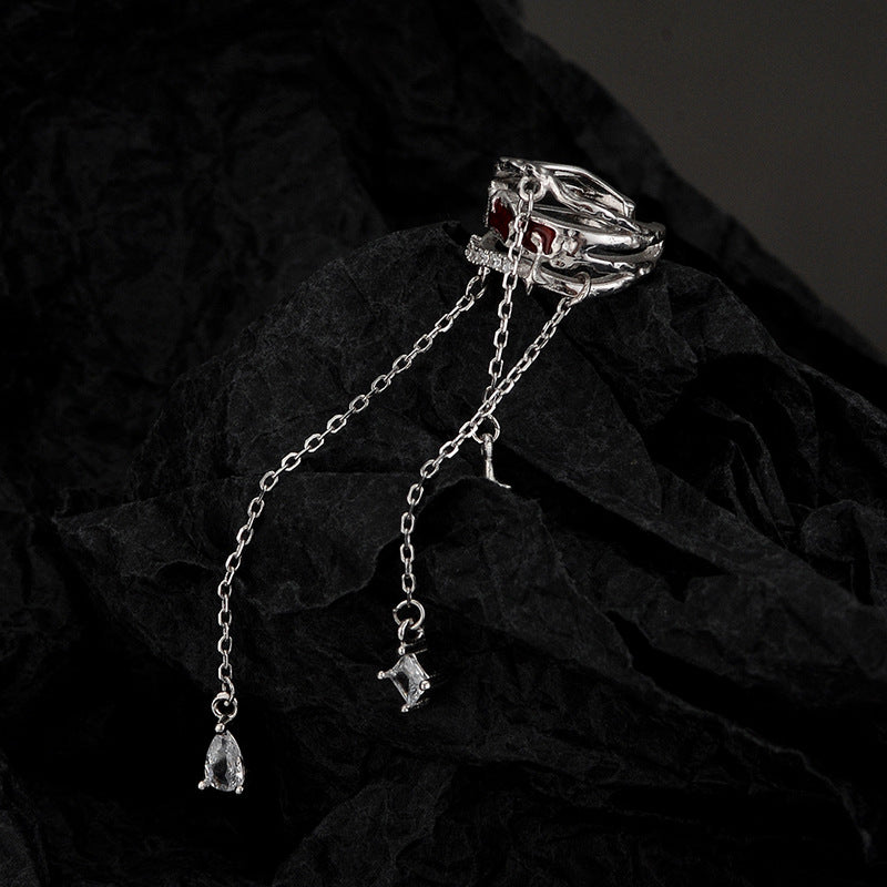 Wholesale S925 Sterling Silver Wine Red Enamel Long Tassel Ear Clip ACC-ES-YWE001