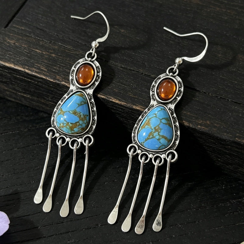 Wholesale Vintage Turquoise Tassel Earrings Retro Western Style Alloy Jewelry Accessory For Party Gift