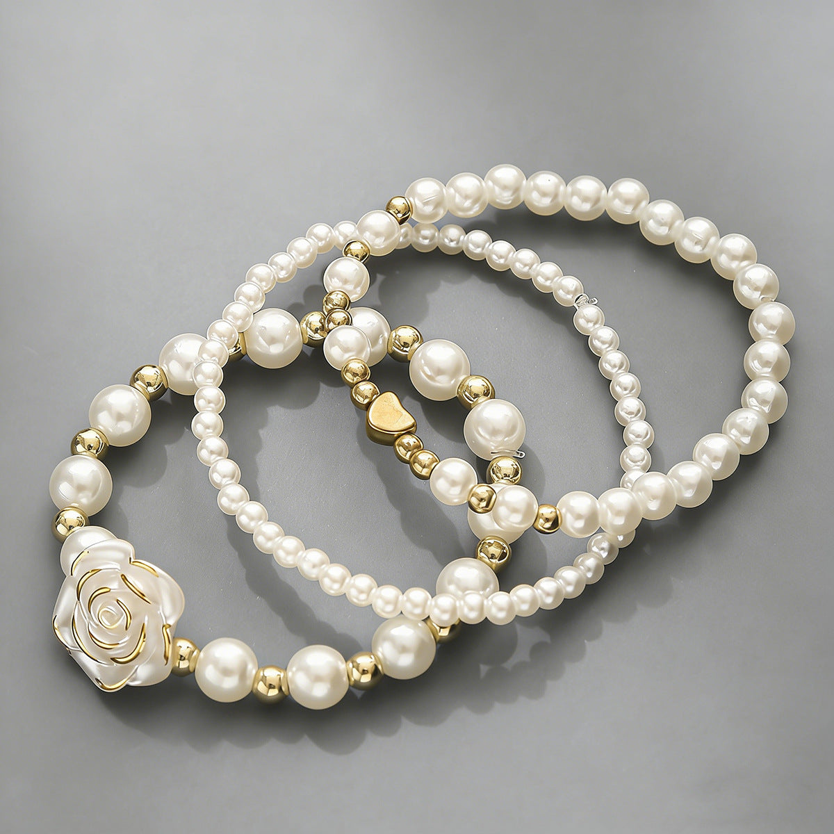 Wholesale Pearl 3 Piece Women S Heart Flower Elastic Stacking Bracelet Set Fashion Accessory Gift For Everyday Wear