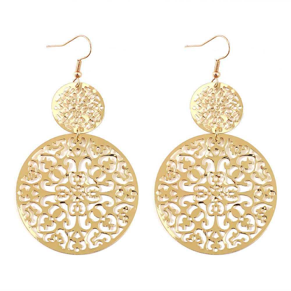Wholesale Retro Hollow Out Gold Tone Round Metal Disc Earrings Chic Carved Jewelry Accessory