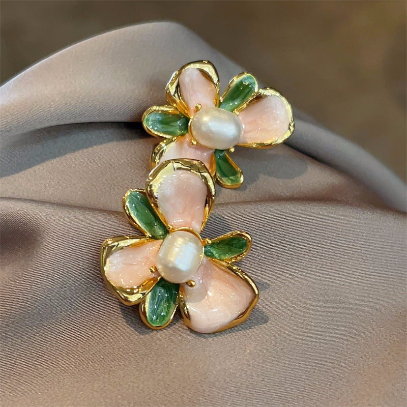 Wholesale Vintage Enamel Glaze Pink Gardenia Pearl Earrings