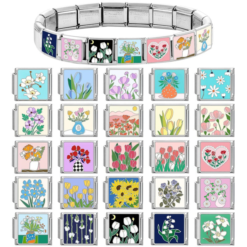 Wholesale Italian Charm Bracelet 9mm DIY Splicing Removable Flowers Stainless Steel Composable Bracelet