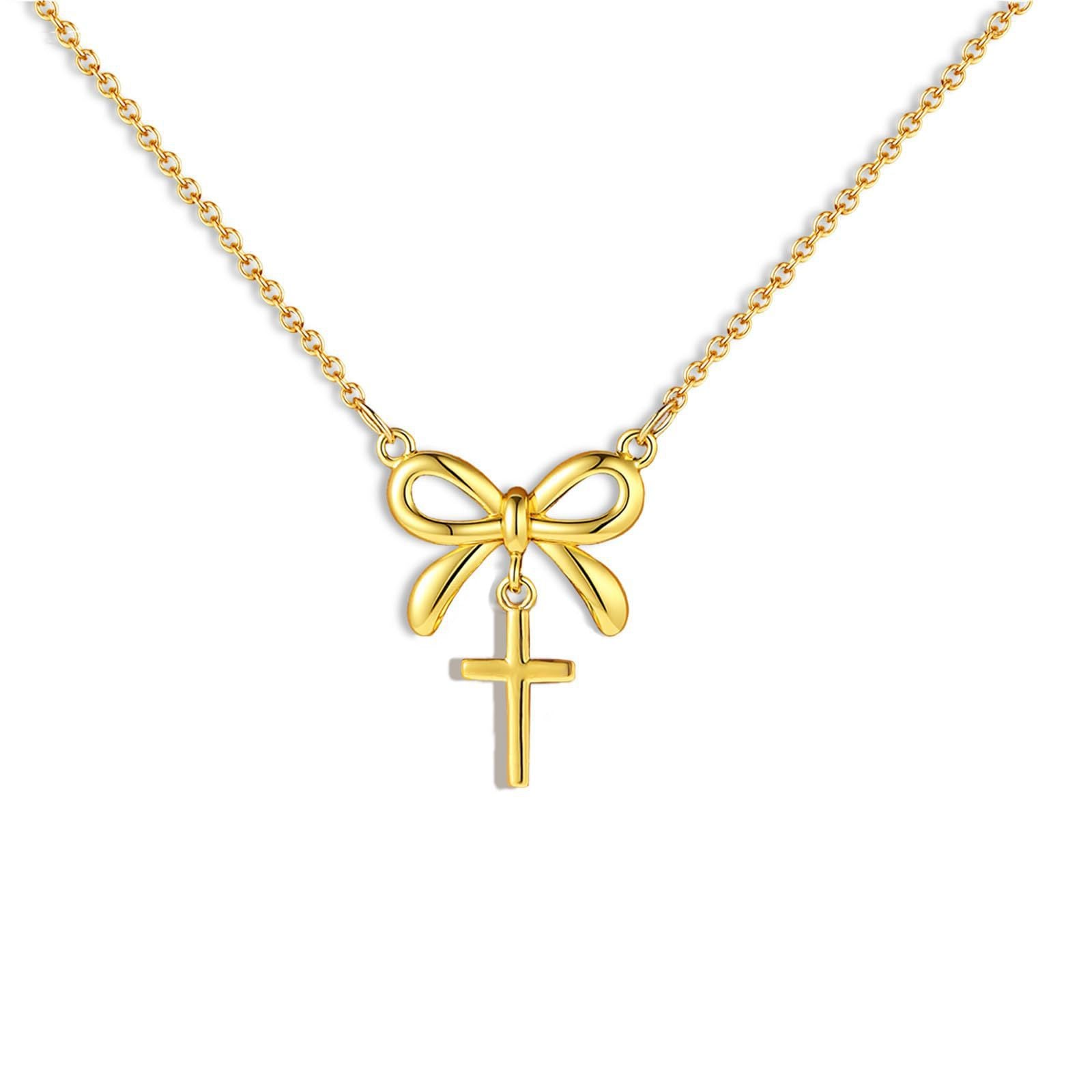 Wholesale Bow Cross Necklace Alloy Gold Color O Chain Fashion Jewelry Accessory Gift for Women