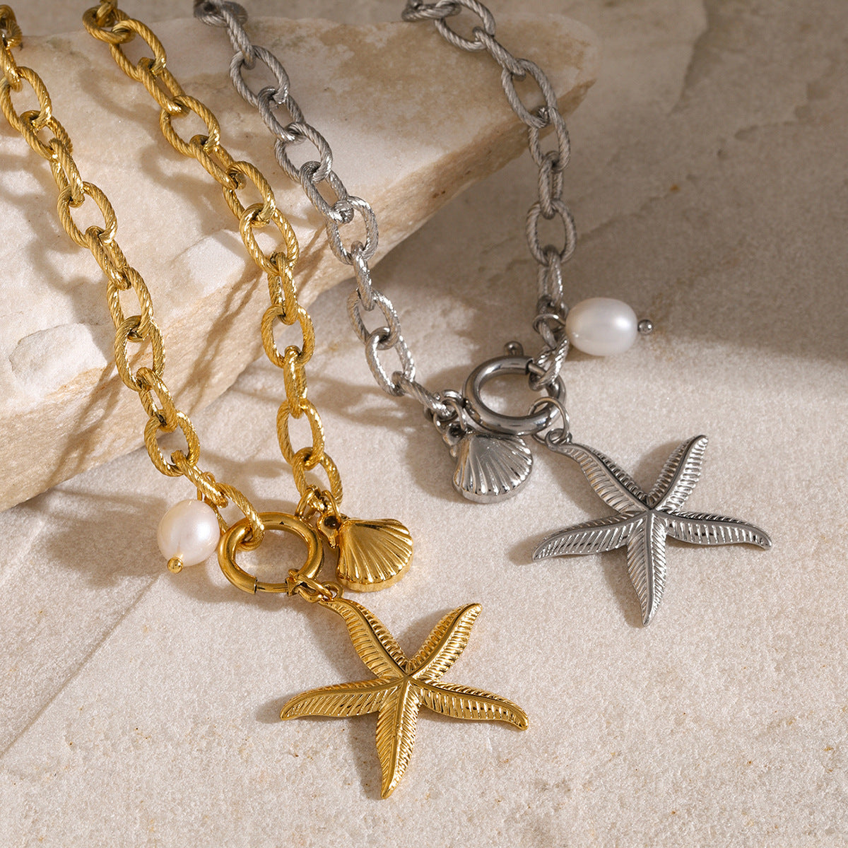 Wholesale 18k gold stainless steel starfish shell natural freshwater pearl bracelet