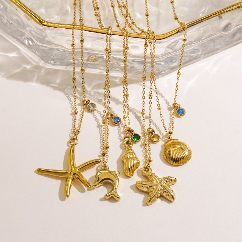 Wholesale Stainless steel Summer Beach Wind Niche Starfish Dolphin Conch Shell Necklaces
