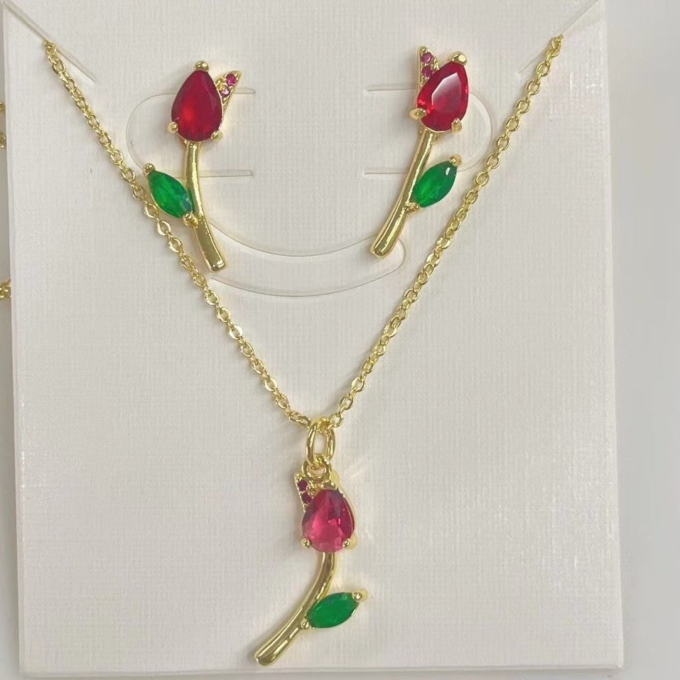 Wholesale Copper-plated 18k colored zircon floral tulip necklace and earring set