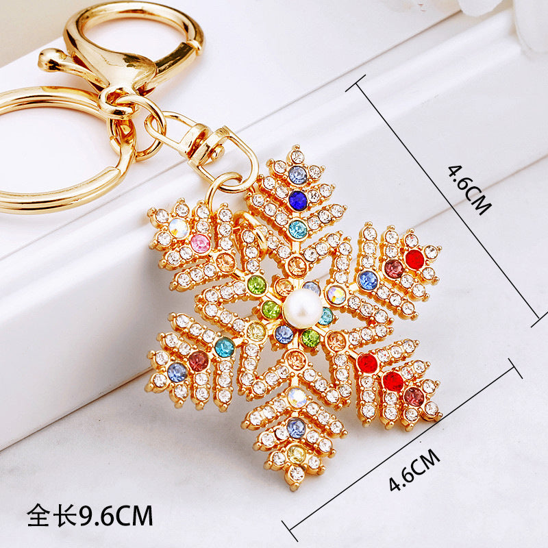 Wholesale Christmas Diamond-embedded snowflake car keychain metal pendant key chain