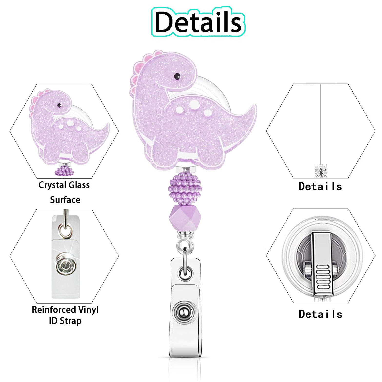 Wholesale Glitter Dinosaur Beaded Acrylic Retractable Badge Holder for Medical Students Fashion Accessory Boutique Gift