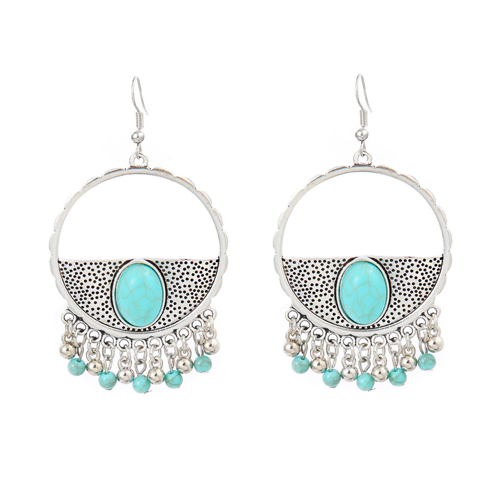Wholesale Turquoise Geometric Tassel Earrings Antique Silver Retro Fashion Accessory for Everyday Wear or Gift