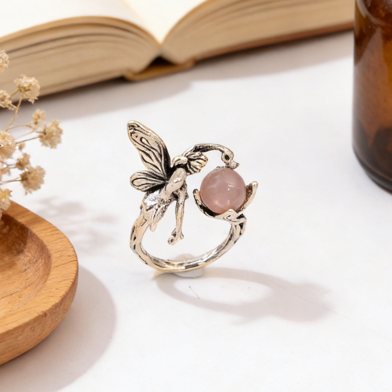 Wholesale Retro Elf Angel Gemstone Open Ring Antique Silver Jewelry Accessory For Gift And Boutique Resale