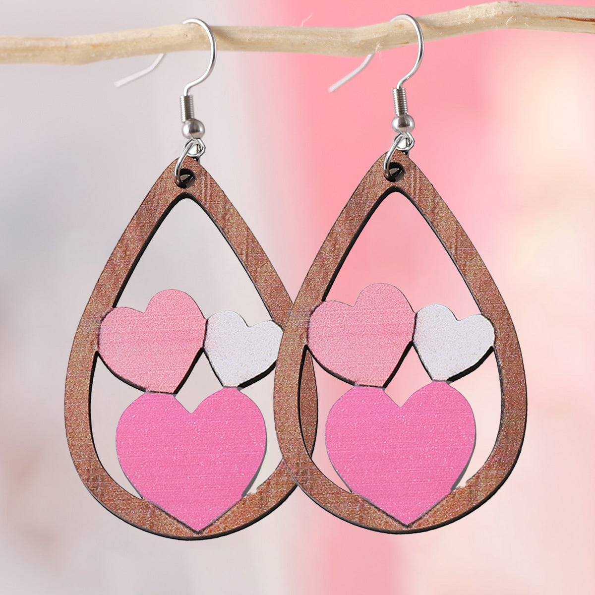 Wholesale water drop lovely double-sided wooden Valentine's Day earrings