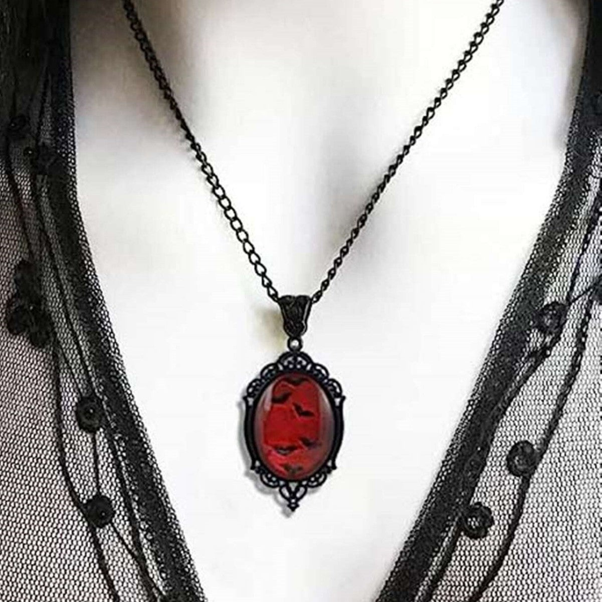 Wholesale Gothic Vampire Bat Pendant Necklace Black Glass Relief Trendy Jewelry Accessory