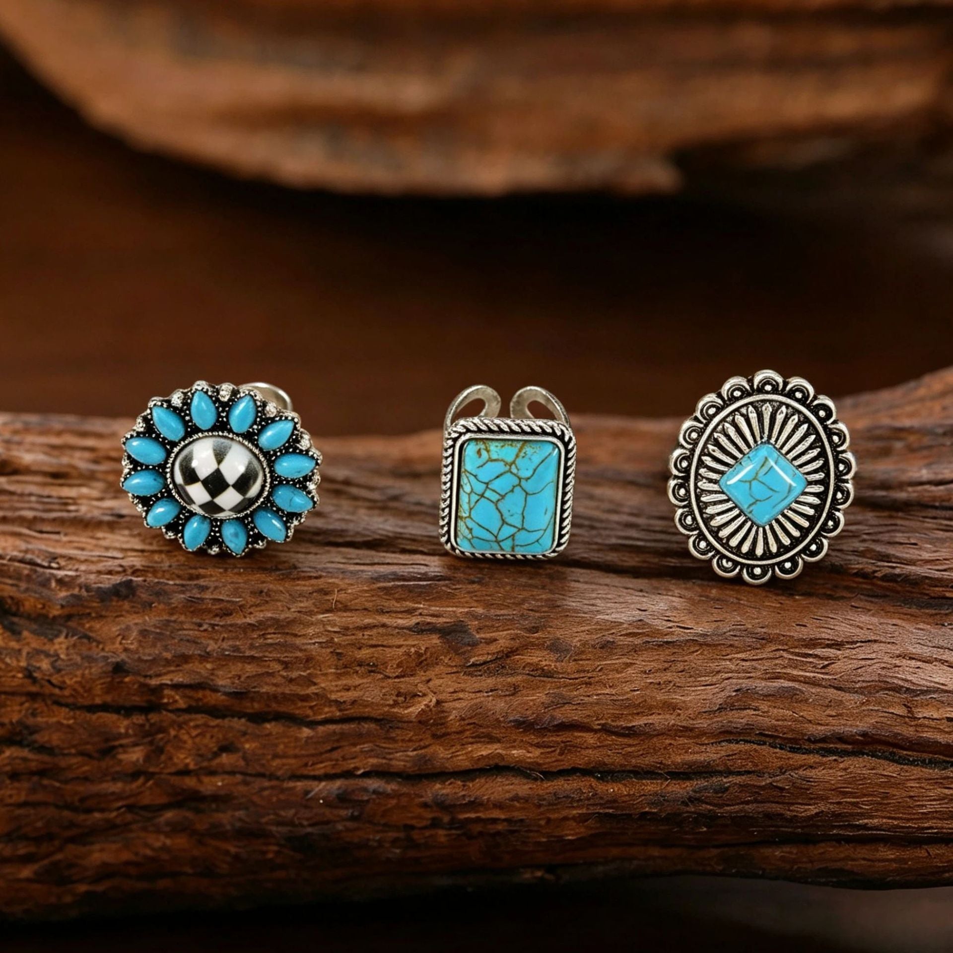 Wholesale Retro Turquoise Jewelry Set Ethnic Style Distressed Earrings Ring Bracelet For Women Gift Resale Accessory