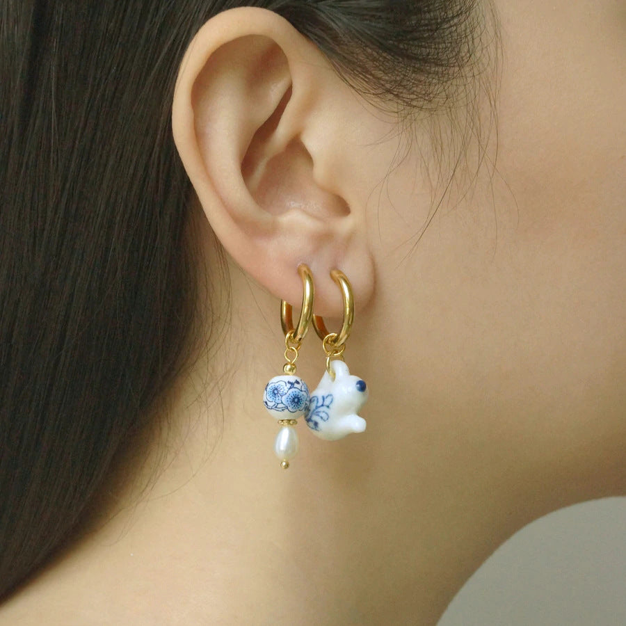 Wholesale Blue and White Porcelain Stainless Steel Colored Enamel Oil Earrings
