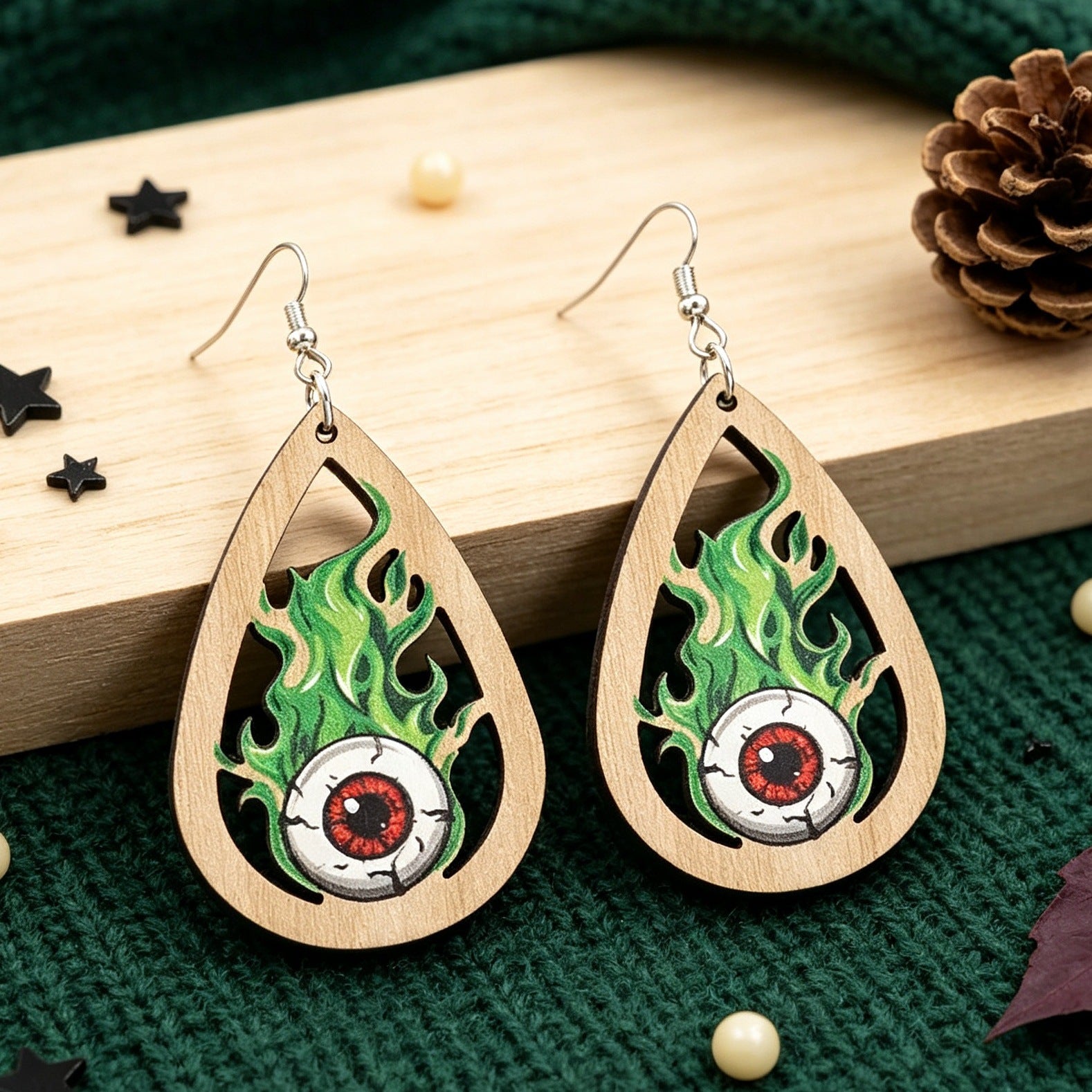 Wholesale  Teardrop Ghost Eye Wooden Earrings Green Flame Print Dangle Jewelry Chic Gift For Boutique Resale