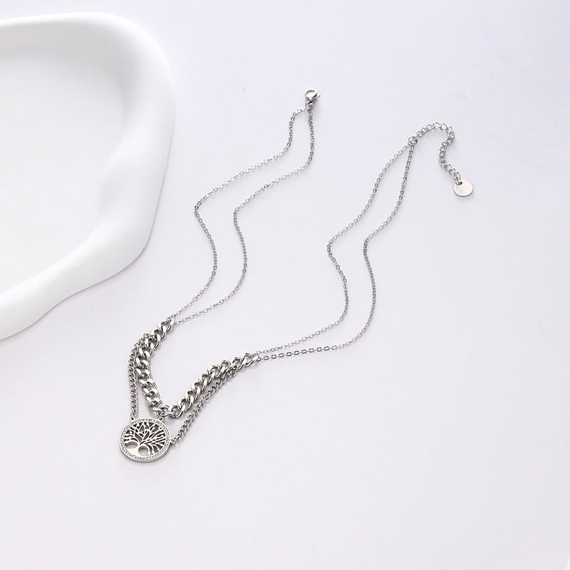 Wholesale Tree of Life Titanium Steel Necklace Double Layer