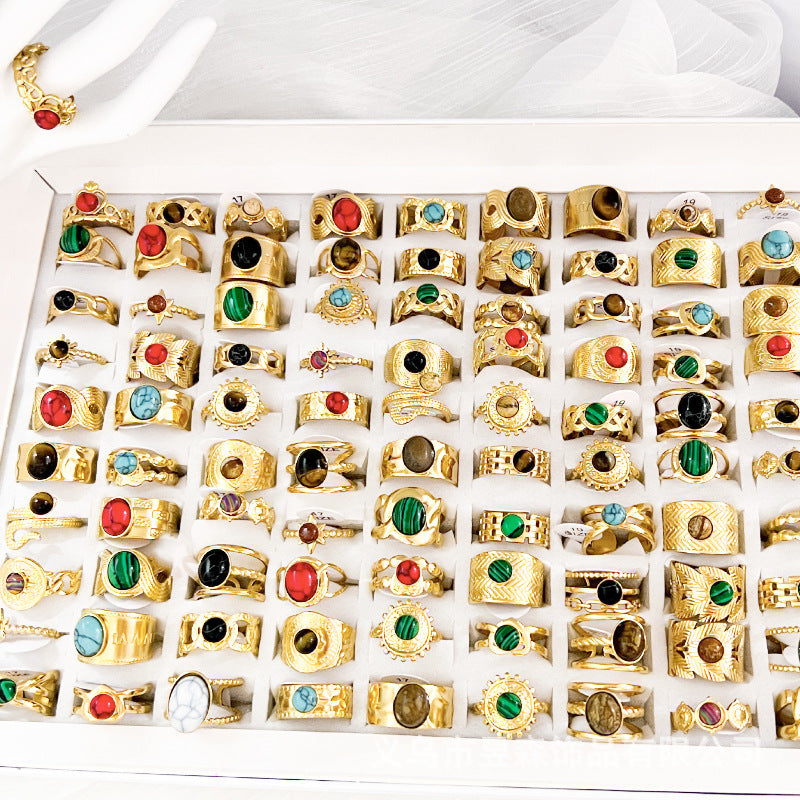 Wholesale  10pcs/set  retro ring  natural stone stainless steel ring